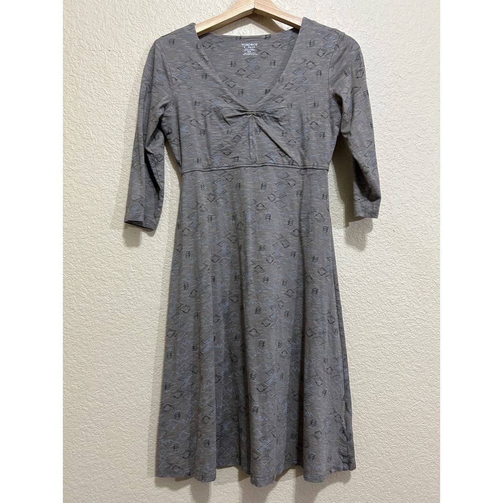 Toad&Co XS Rosemarie Dress Brown Geometric V-Neck 3/4 Sleeve Organic Cotton Eco